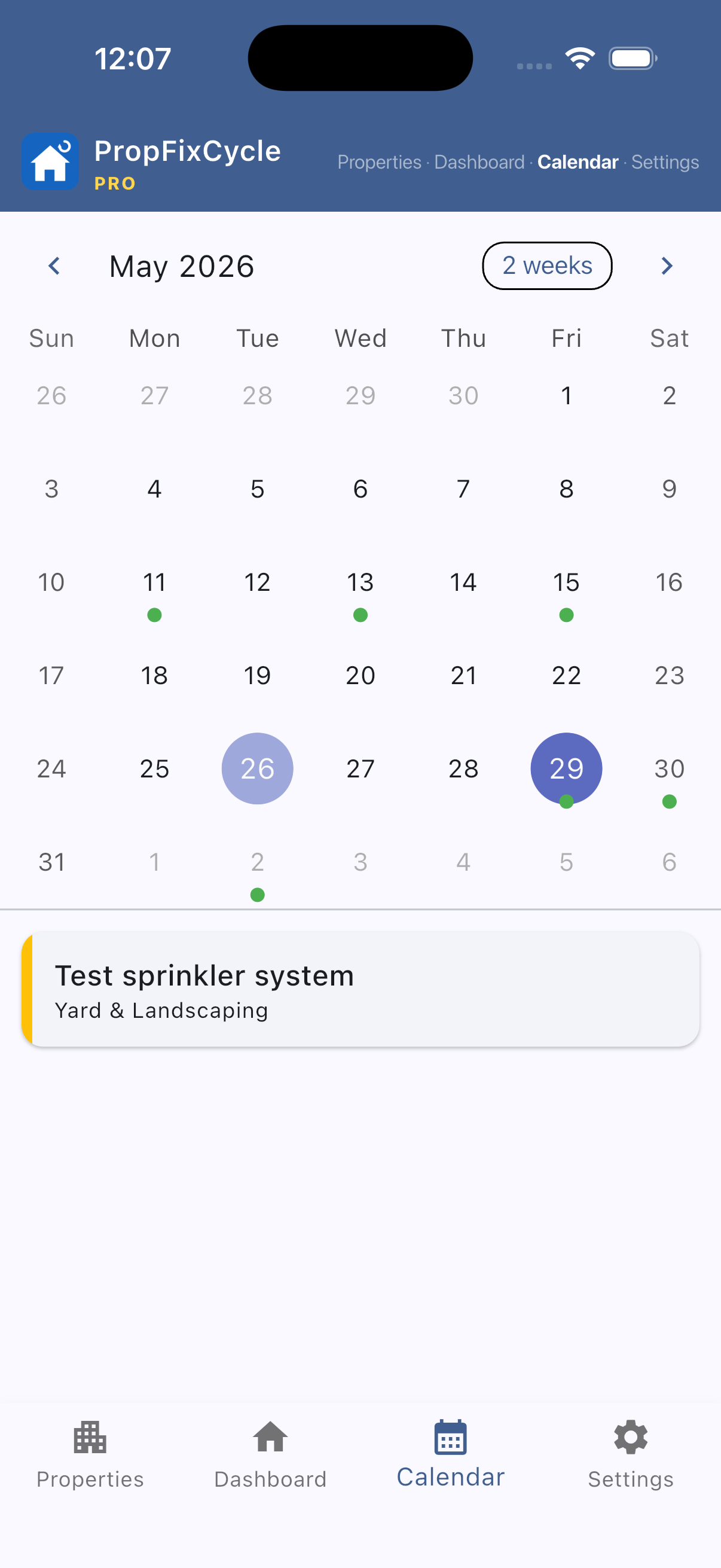 PropFixCycle calendar view
